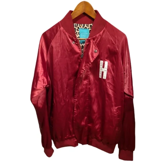 HOTEL 1171 | Red Satin Varsity Bomber Jacket | Back Graphic | Size L - Picture 3 of 10